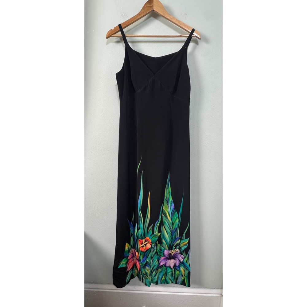 Vintage Yolanda Lorente Hand Painted 100% Silk Black Floral Maxi Slip Dress Sz M